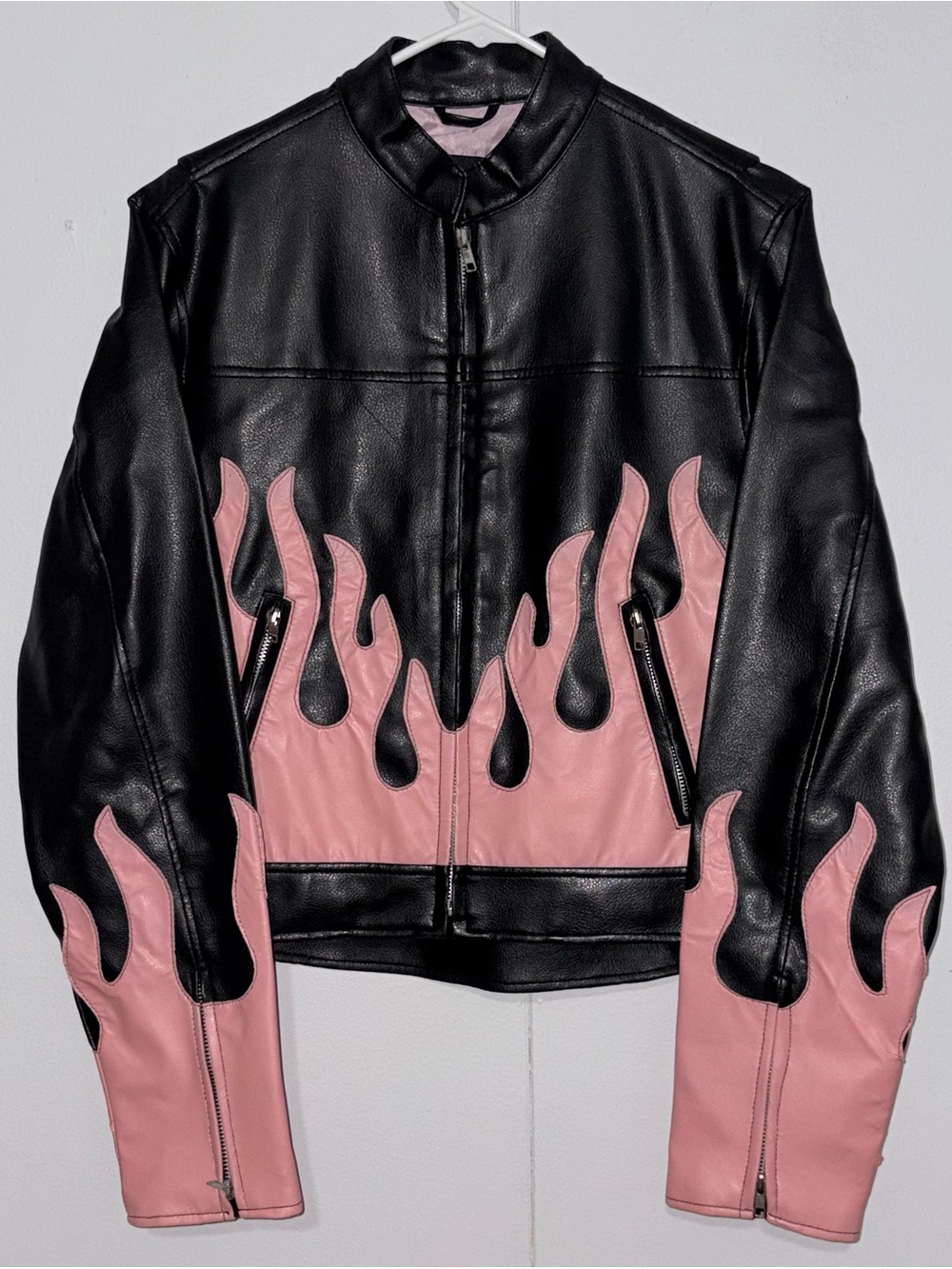 Diamond Plate Womens M Black Pink Flame Faux Leather Moto Biker Jacket